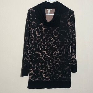 SOMA Sweater Womens Sz S‎ Black/Brown  Leopard Print Cowl Neck Tunic Length